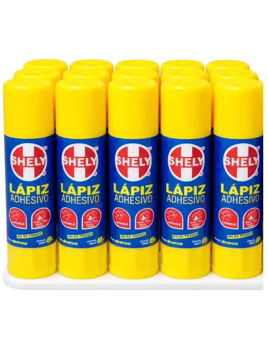Paquete de 15 lápices adhesivos de 8g marca Shely al mayoreo.