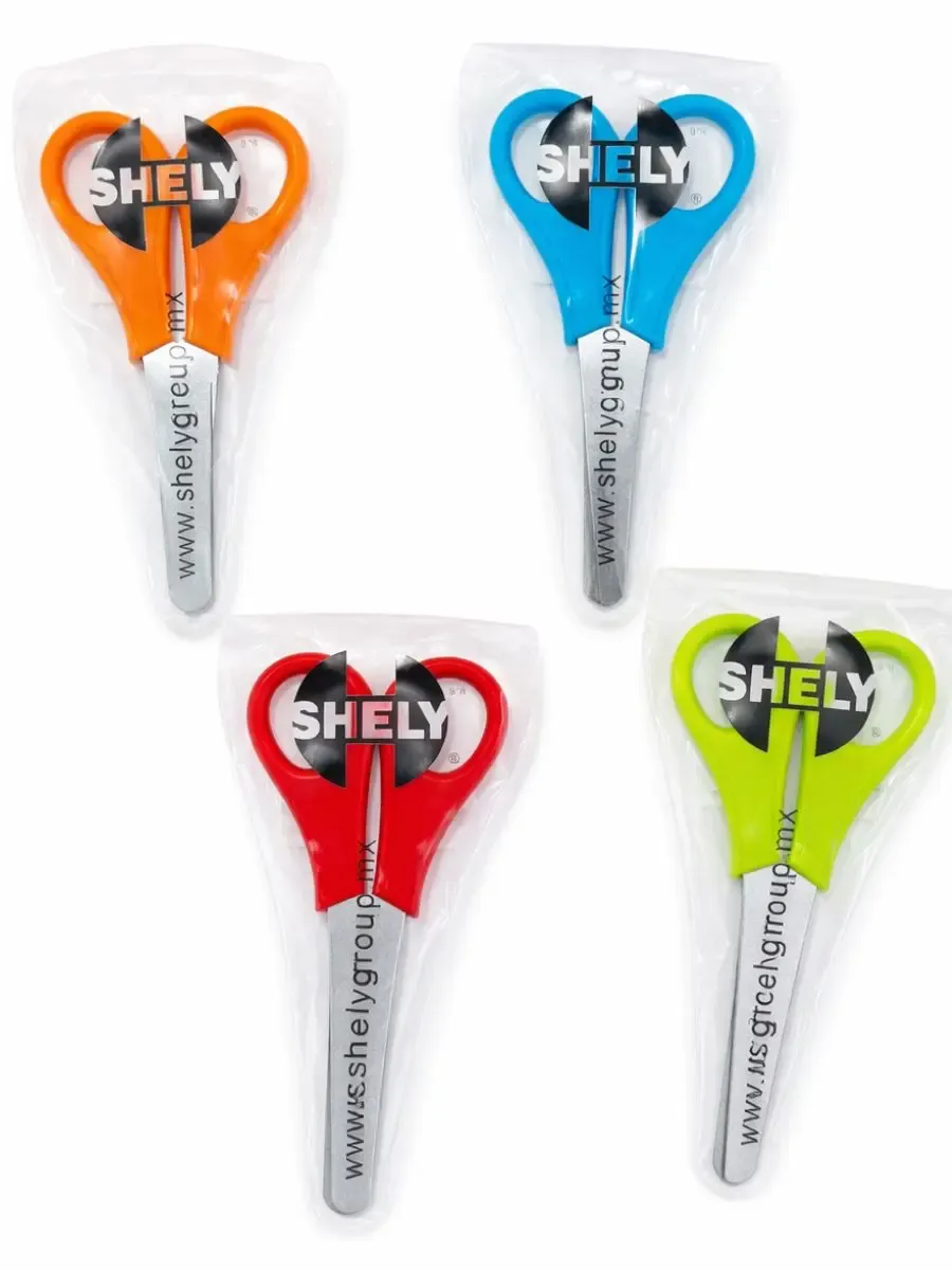 Paquete de 6 tijeras escolares de 5 pulgadas marca Shely al mayoreo.