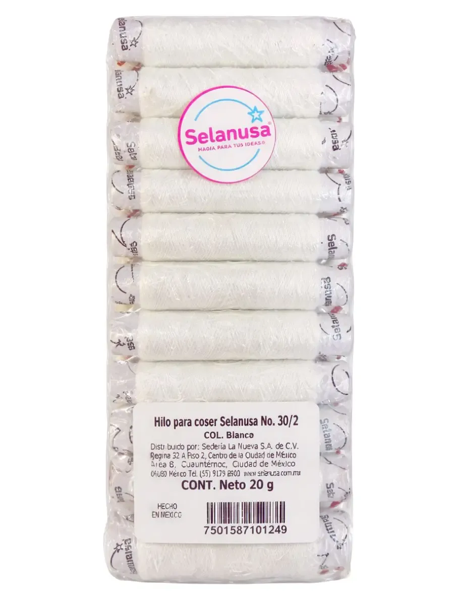 Hilo Blanco para Coser Selanusa (Paq. 12 pzas) Paquete de 12 tubinos de hilo blanco Selanusa al mayoreo.