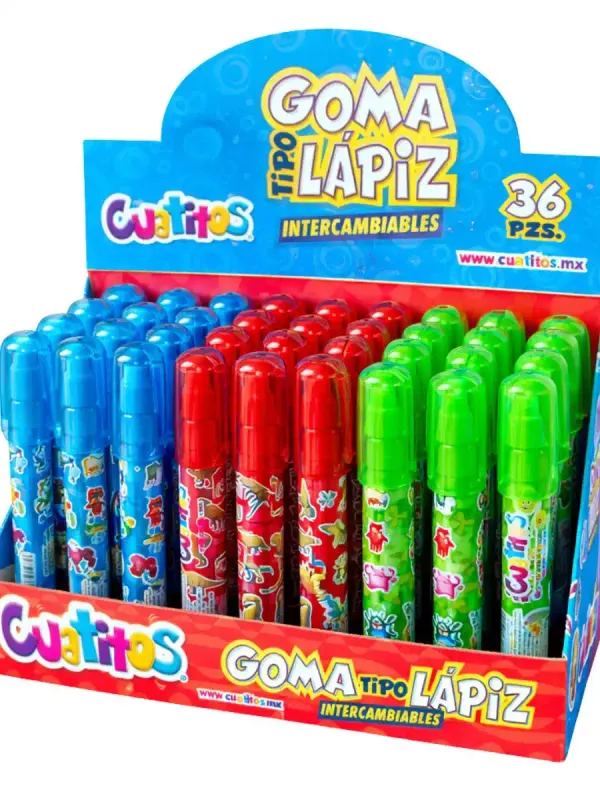 Caja de 36 gomas tipo lápiz con 3 diseños diferentes al mayoreo.