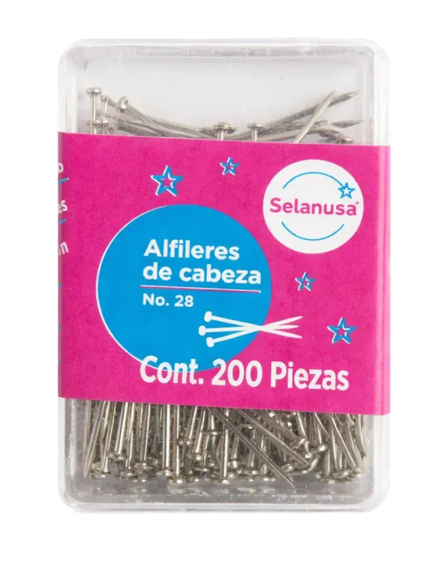Caja de 200 alfileres de cabeza número 28 Selanusa al mayoreo.