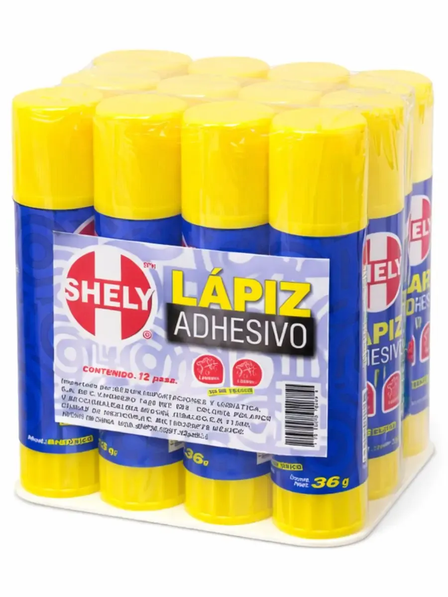 Caja de 12 lápices adhesivos Shely de 36 gramos al mayoreo.