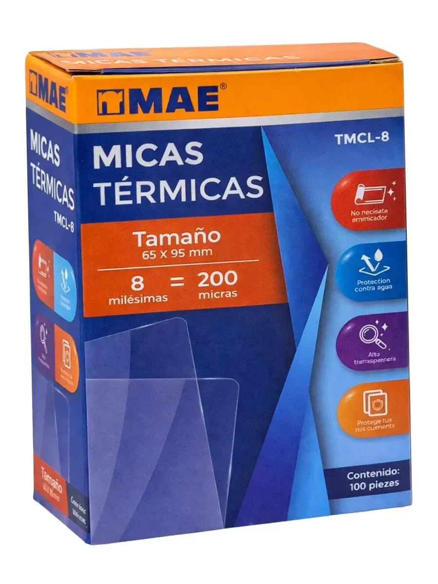 Caja de 100 micas MAE para gafete 65x95mm 200 micras.