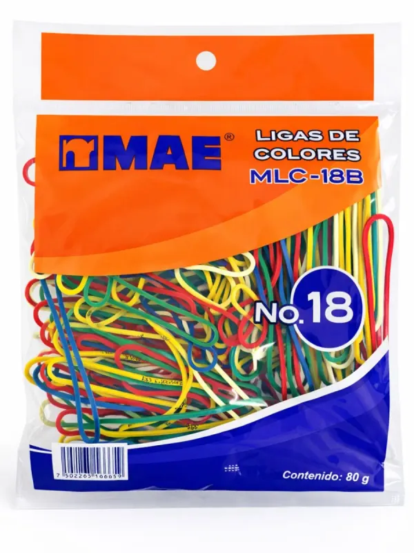 Ligas de Colores MAE No. 18 - Bolsa 80g Bolsa de ligas de colores MAE número 18 de 80 gramos.