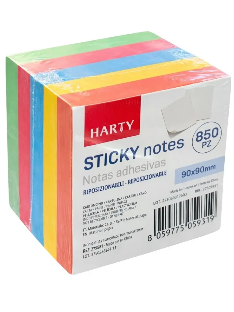 Notas Adhesivas Harty 90x90mm - Cubo con 850 H Cubo de notas adhesivas Harty 90x90mm con 850 hojas surtidas.