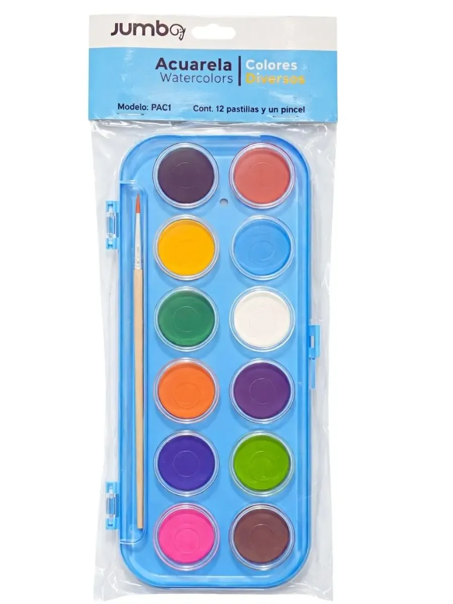Estuche azul de plástico con 12 acuarelas jumbo y un pincel.
