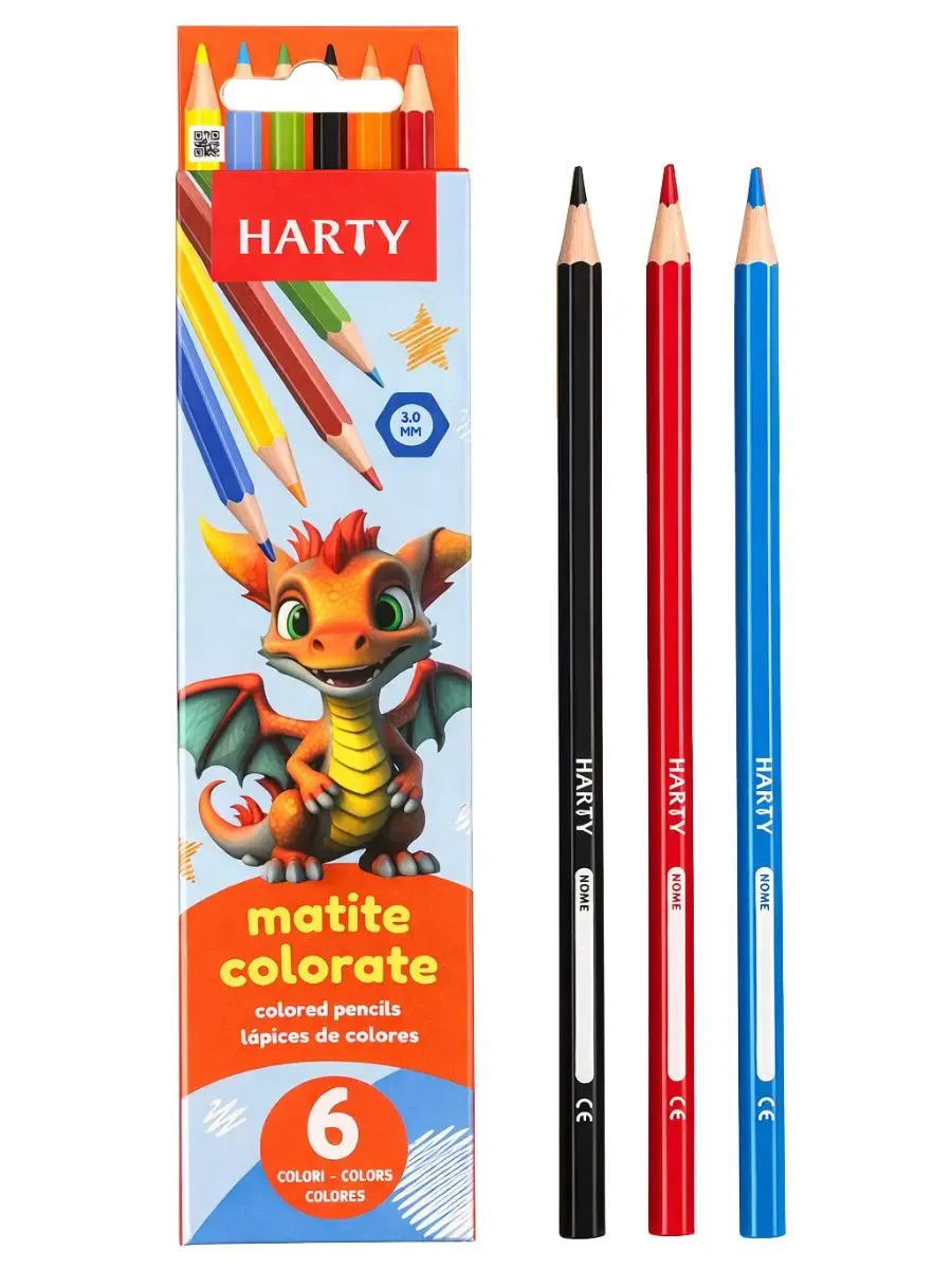 Caja de 6 lápices de colores hexagonales marca Harty.