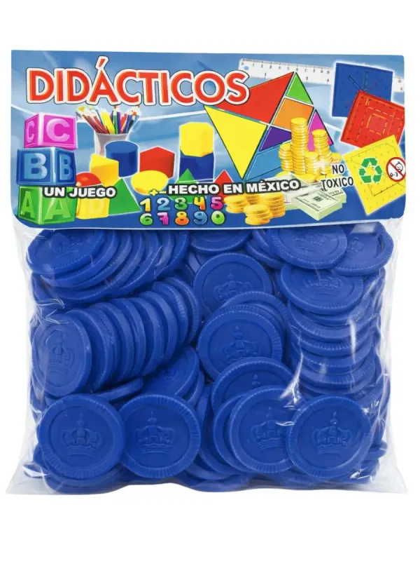 Paquete de fichas plásticas azules línea escolar para conteo.
