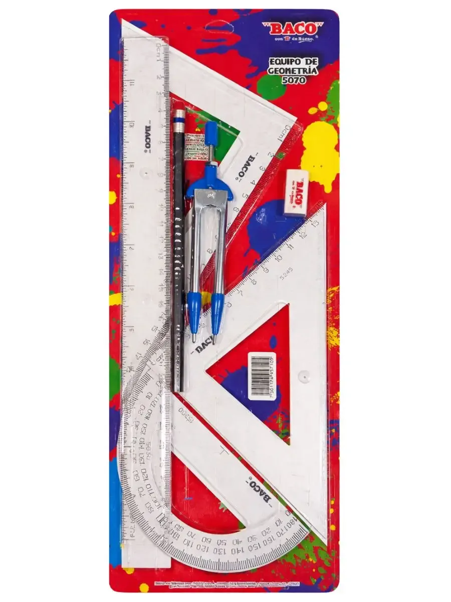 Juego de Geometría Baco 5070 con Compás Metálico Set completo de geometría Baco 5070 en estuche.