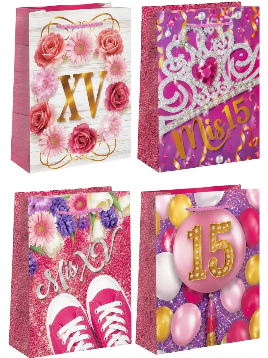 Bolsas Med Padcolor XV Primaveras 29×20 cm – c/9 pzas Bolsas de regalo medianas diseño XV primaveras pack 9 precio mayoreo