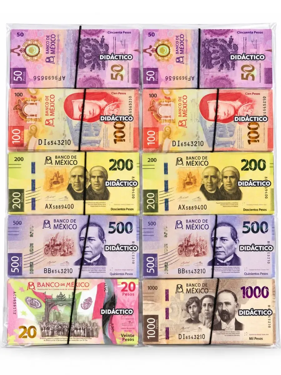 Billetes didácticos 8x4 cm surtido – Mayoreo Paquete de billetes didácticos de 8x4 cm con todas las denominaciones al por mayor