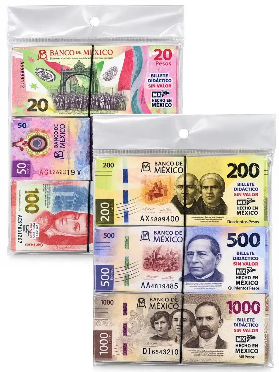 Billetes didácticos 13.5x6 cm surtidos – Mayoreo Paquete de billetes didácticos de 13.5x6 cm con todas las denominaciones al por mayor