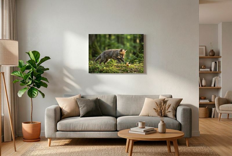 Red Fox - Playful Jump In The Moss Ein dynamisches Bild eines jungen Fuchswelpen, der verspielt über moosigen Waldboden springt.