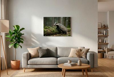 European Badger - On A Nocturnal Hunt Europäischer Dachs im Profil, wie er über einen morschen, moosbedeckten Baumstamm im dichten Unterholz klettert.