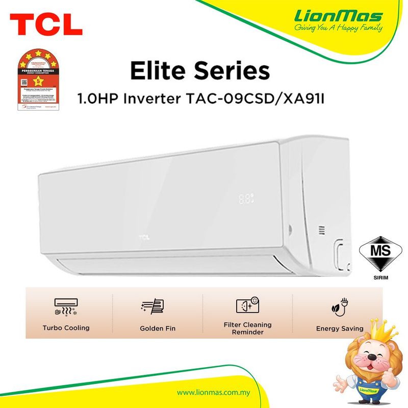 [FREE SHIPPING] TCL 1.0HP Inverter Air Conditioner R32 Golden Fin Auto Clean Elite Series 5 Star Penyaman Udara TAC-09CSD/XA91I