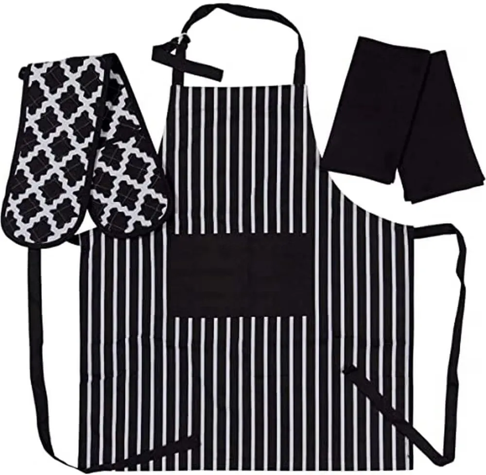 Penguin home Patterned Black Oven Gloves / Striped Apron and tea Towels 3 Piece set Penguin home Patterned Black Oven Gloves / Striped Apron and tea Towels 3 Piece set