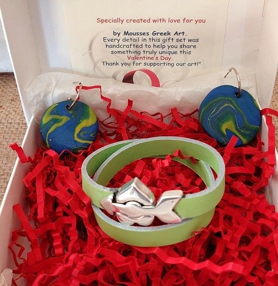 Handmade Women's Jewelry Set Valentine's Day - Eros / Cupid's Arrow - Leather Bracelet &amp; Clay Earrings