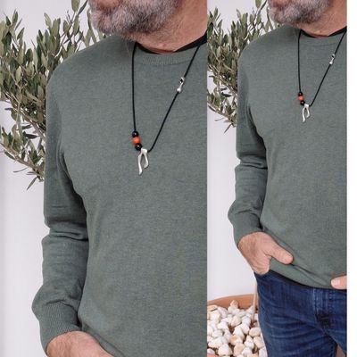 ALKIMOS handmade men's necklace with black rope and Zamak wishbone pendant