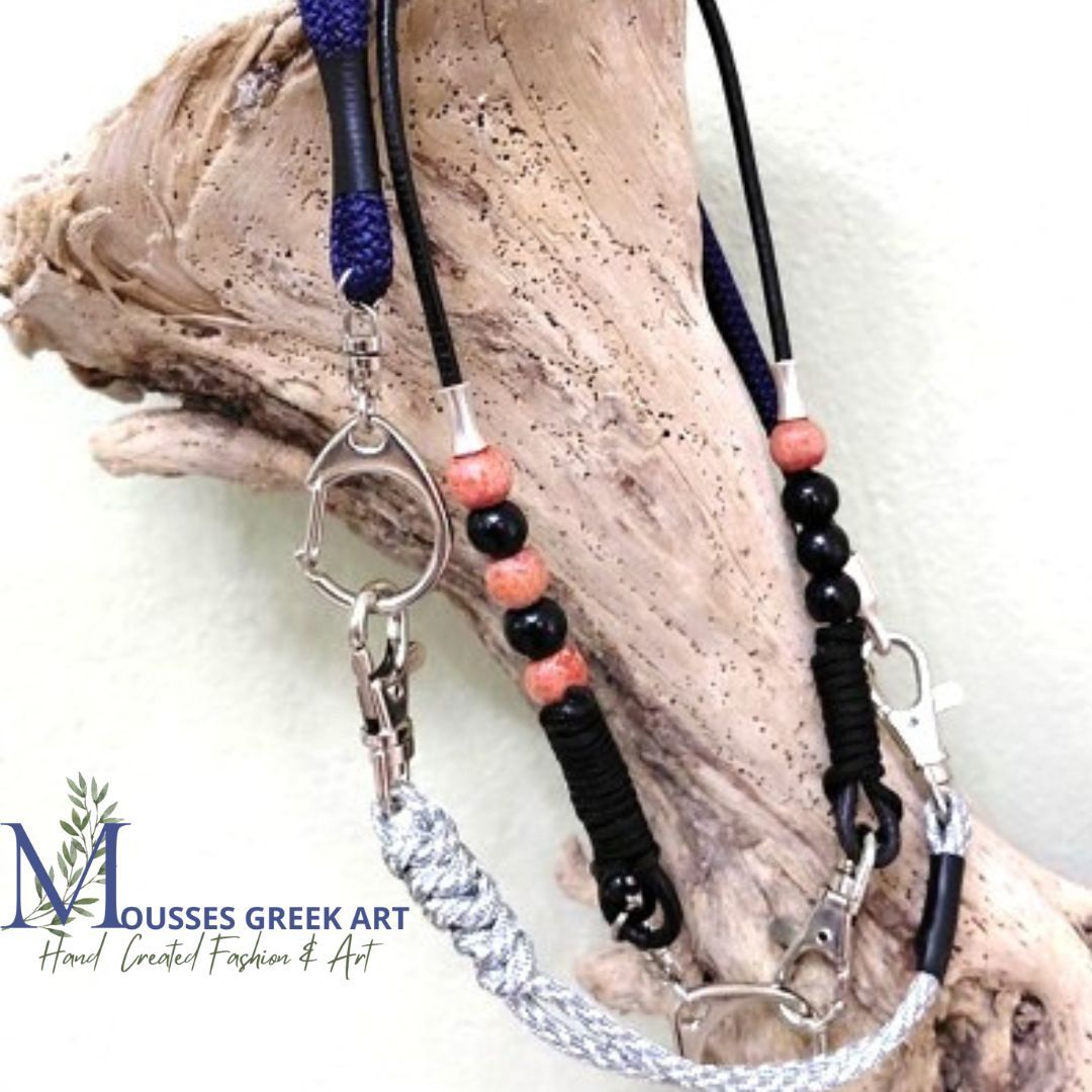 Handmade Mens's Leather Trouser Chain Alkimos with Black &amp; Red Beads