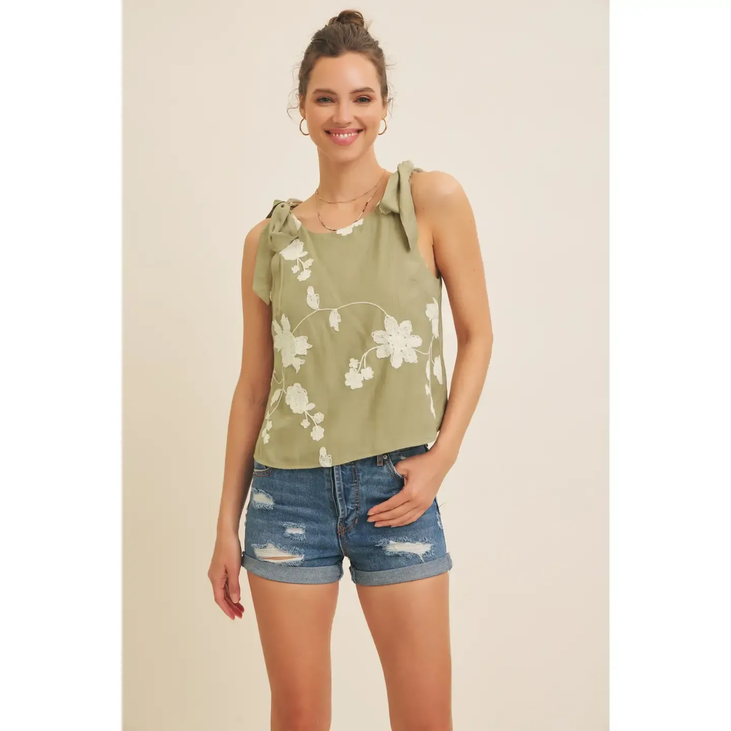 Top - Embroidery w/ Bow Straps - Ash Olive - Large