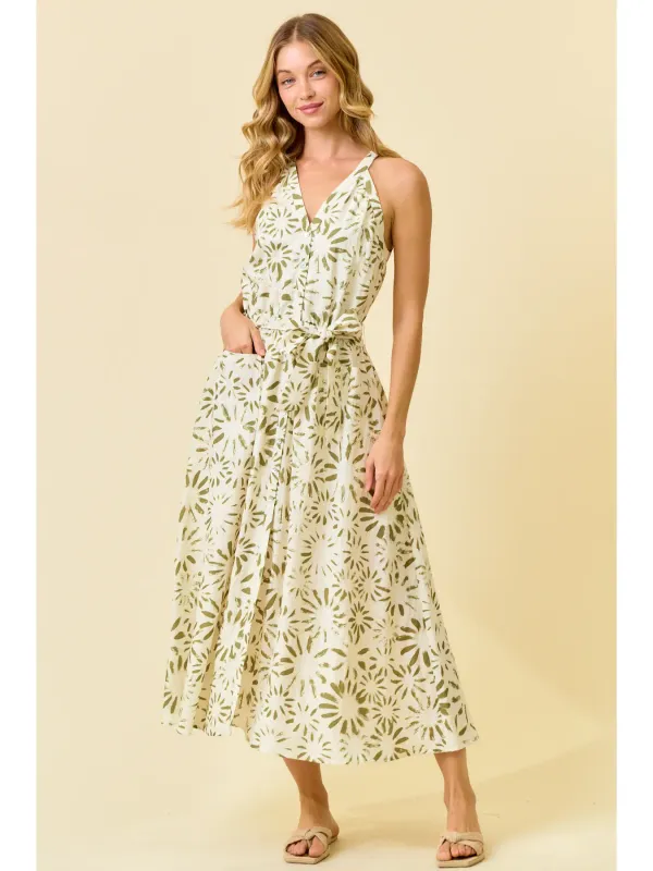 Dress - Abstract Floral Halter Tank - Olive - Medium