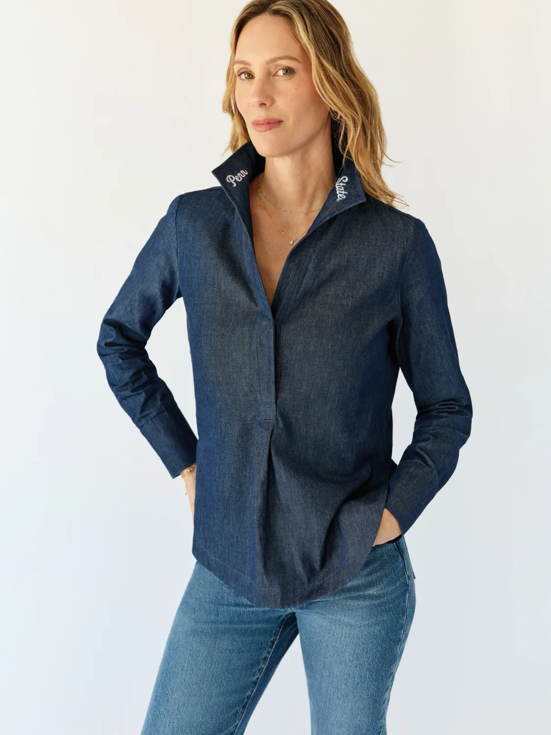 Top - The Popped Collar Blouse - Chambray - Small