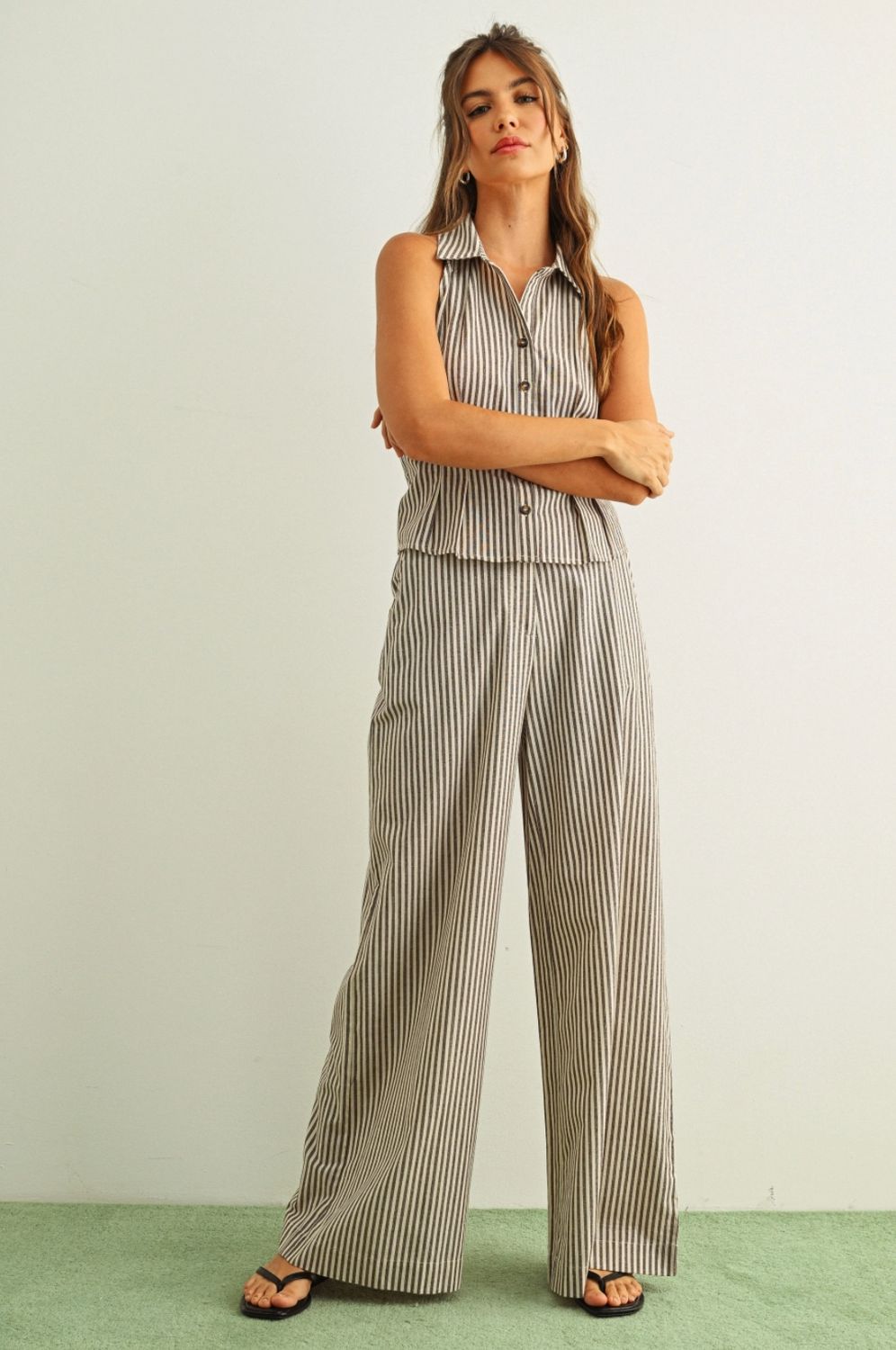Pant Set - Striped Wide Leg - Brown - Small