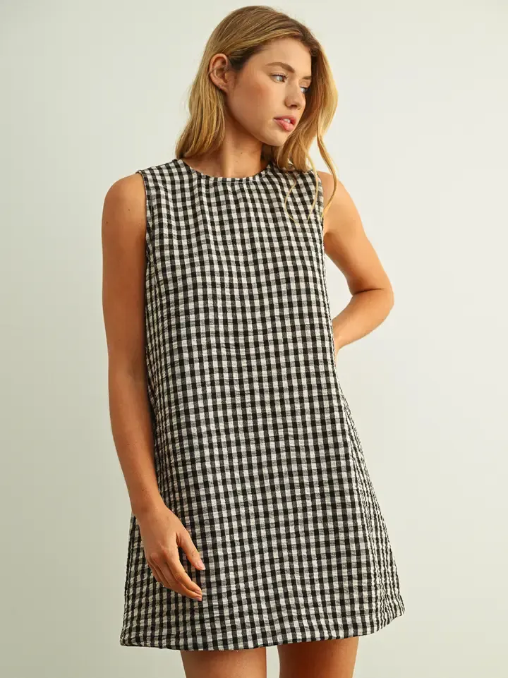 Dress - Gingham Open Back - Black/Cream - Large