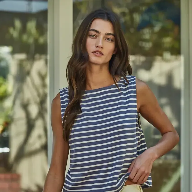 Top - Striped Round Neck Sleeveless - Blue - Medium
