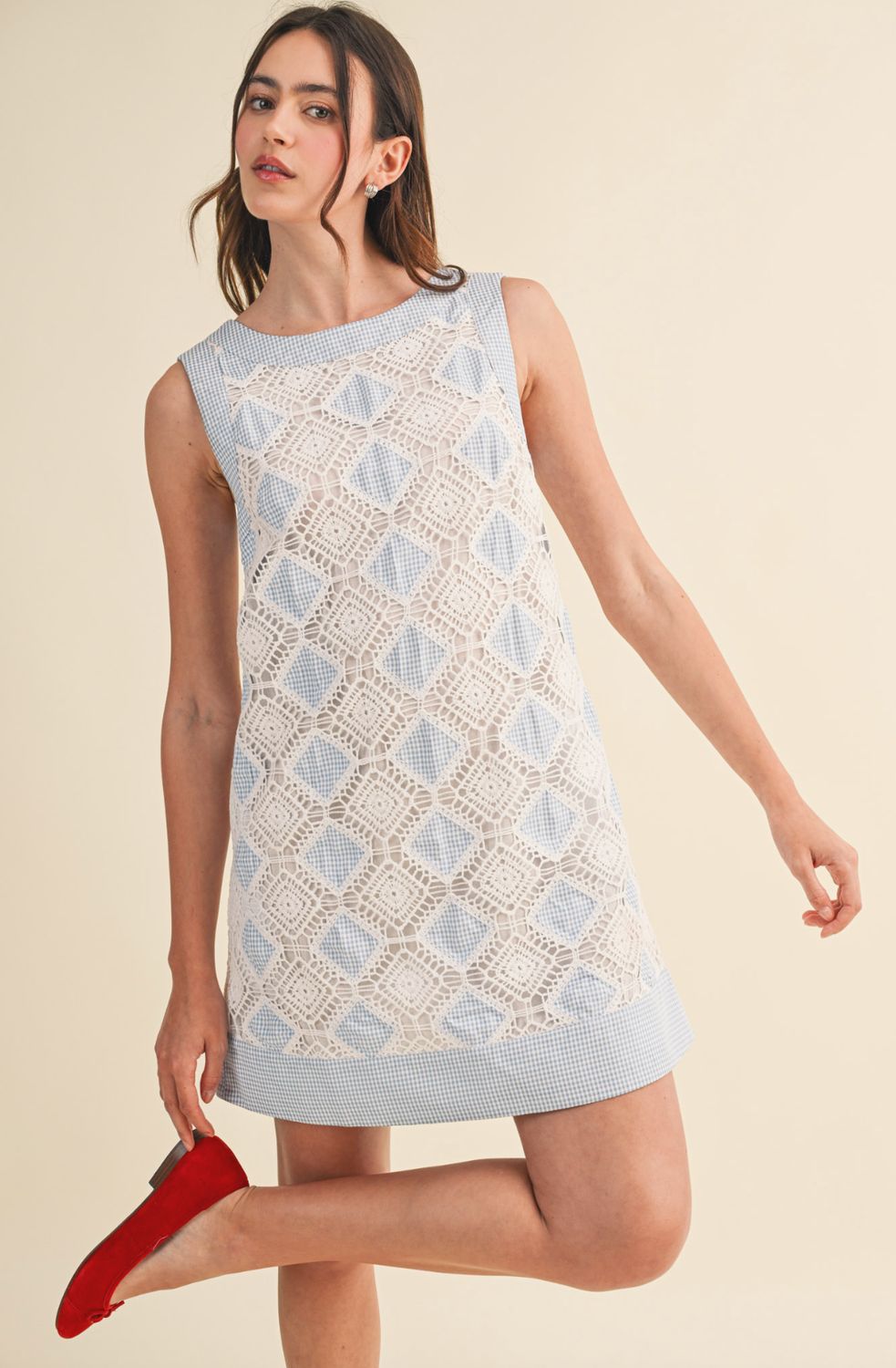 Dress - Mini Gingham and Crochet Sleeveless - Baby Blue - Small
