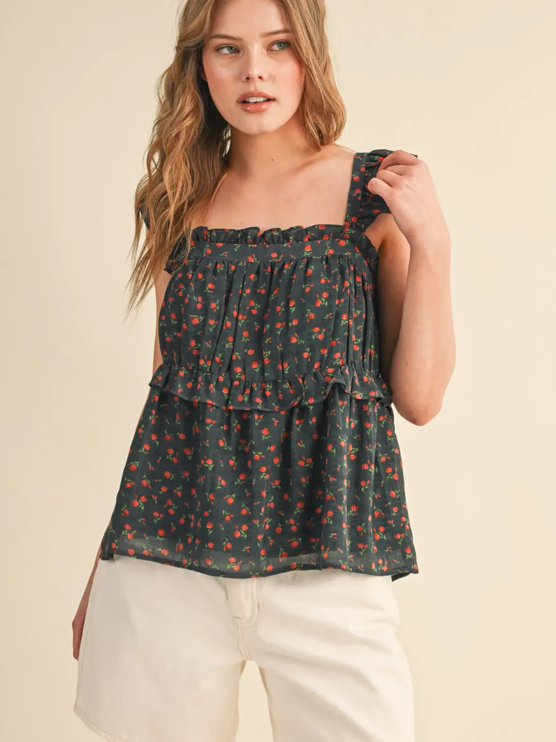 Top - Floral Ruffle Babydoll - Black Rose Floral - Large