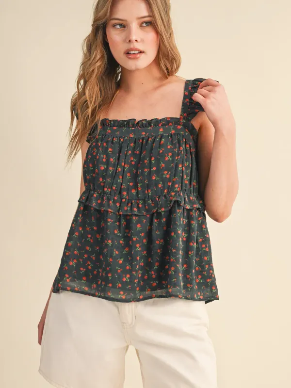 Top - Floral Ruffle Babydoll - Black Rose Floral - Small