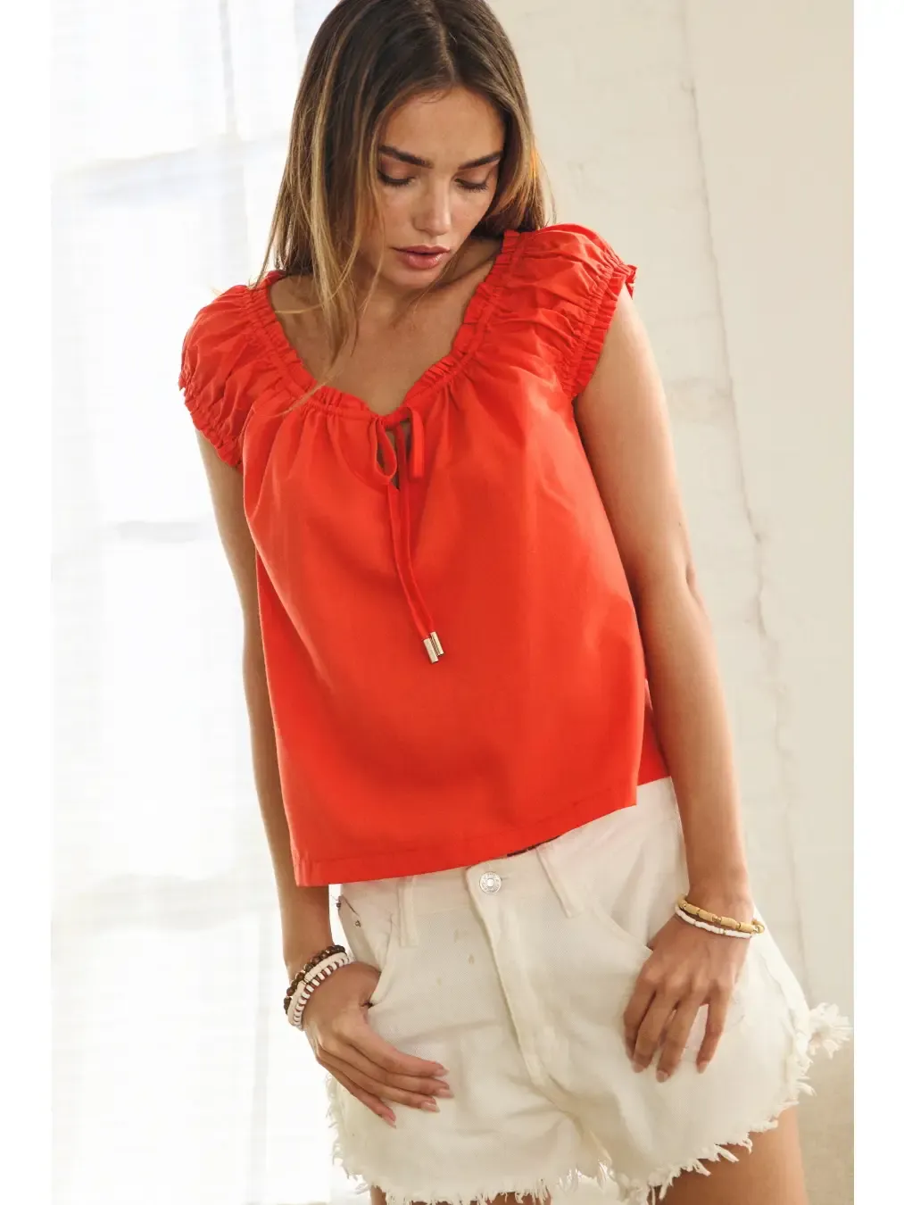 Top - Poplin Cap Sleeve - Poppy Red - Medium