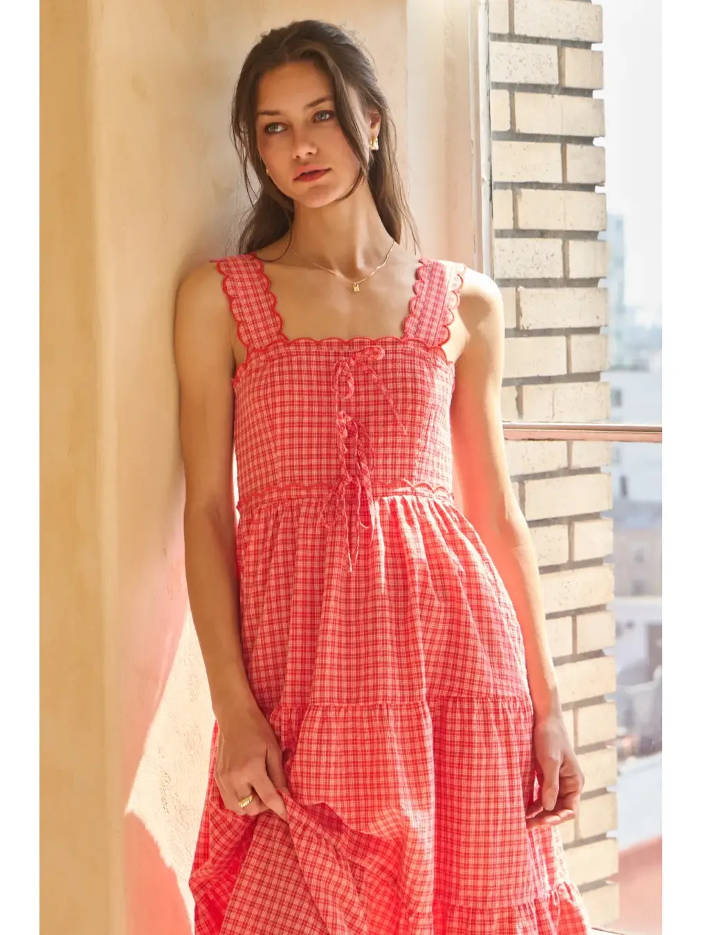 Dress - Tiered Midi Gingham - Red - Medium