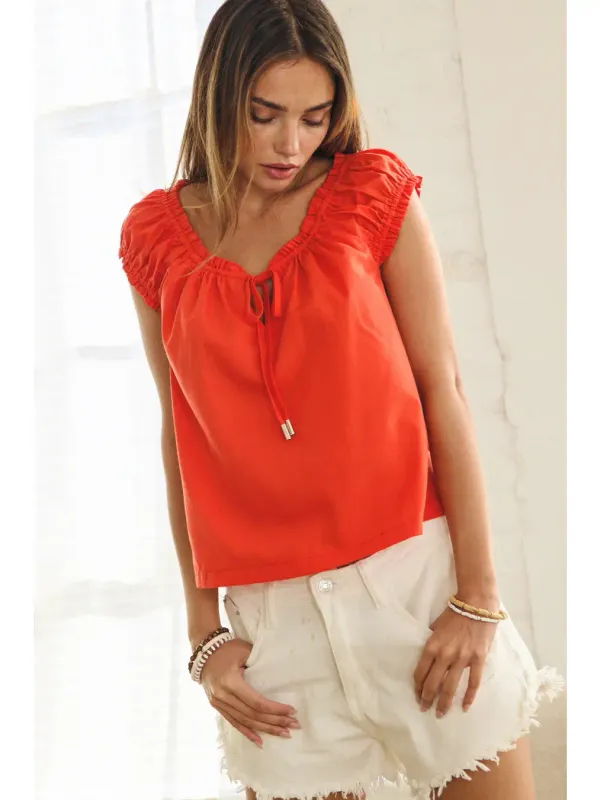 Top - Poplin Cap Sleeve - Poppy Red - Small