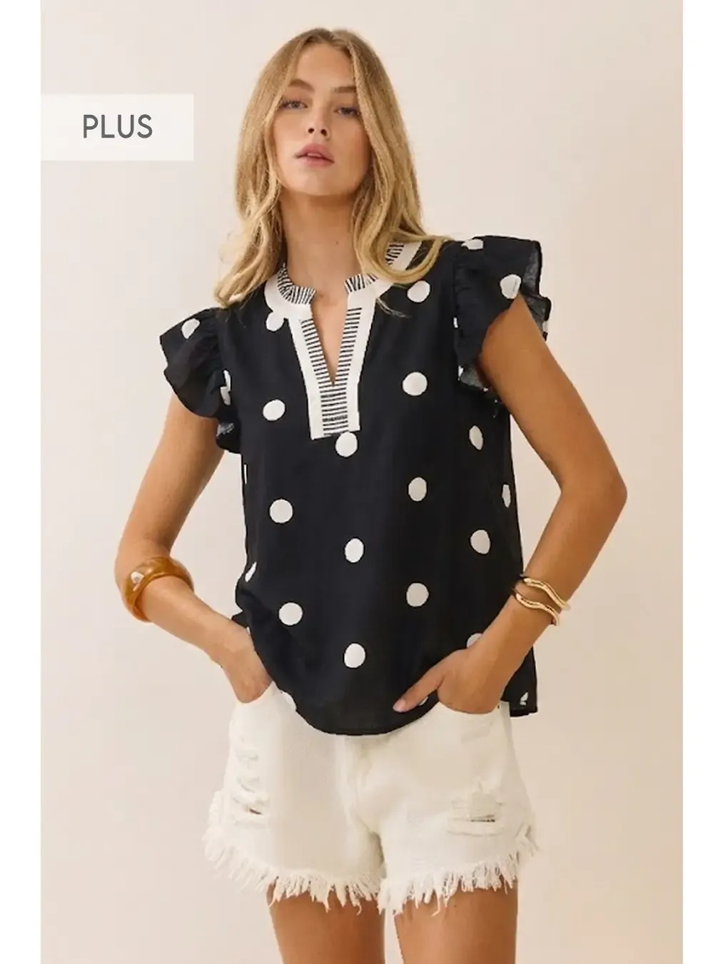 Top - Polka Dot Flutter Sleeve - Black &amp; White - 3X-Large