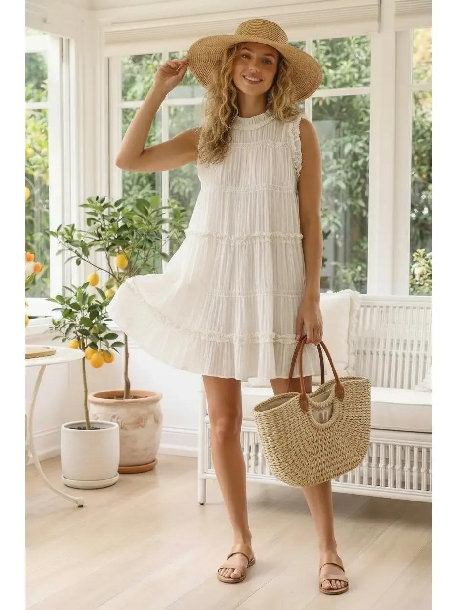 Dress  - Tiered Ruffles Pleated - Ivory - Large