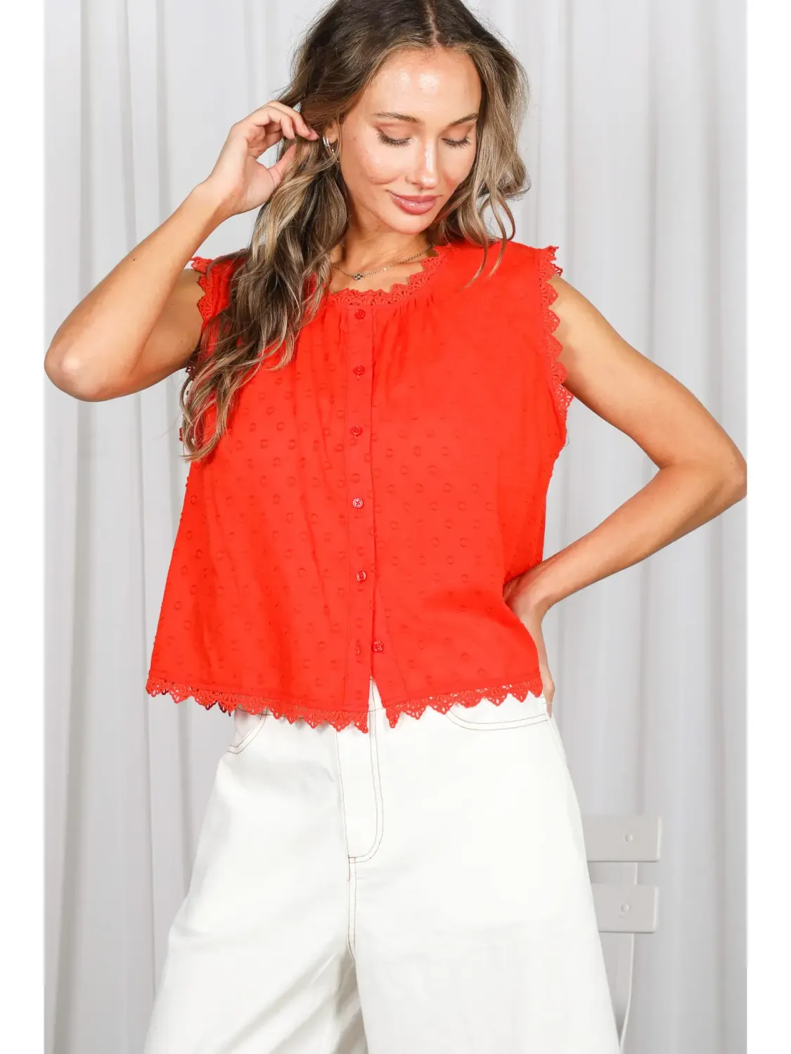 Top - Sleeveless Cotton Swiss - Red - Small