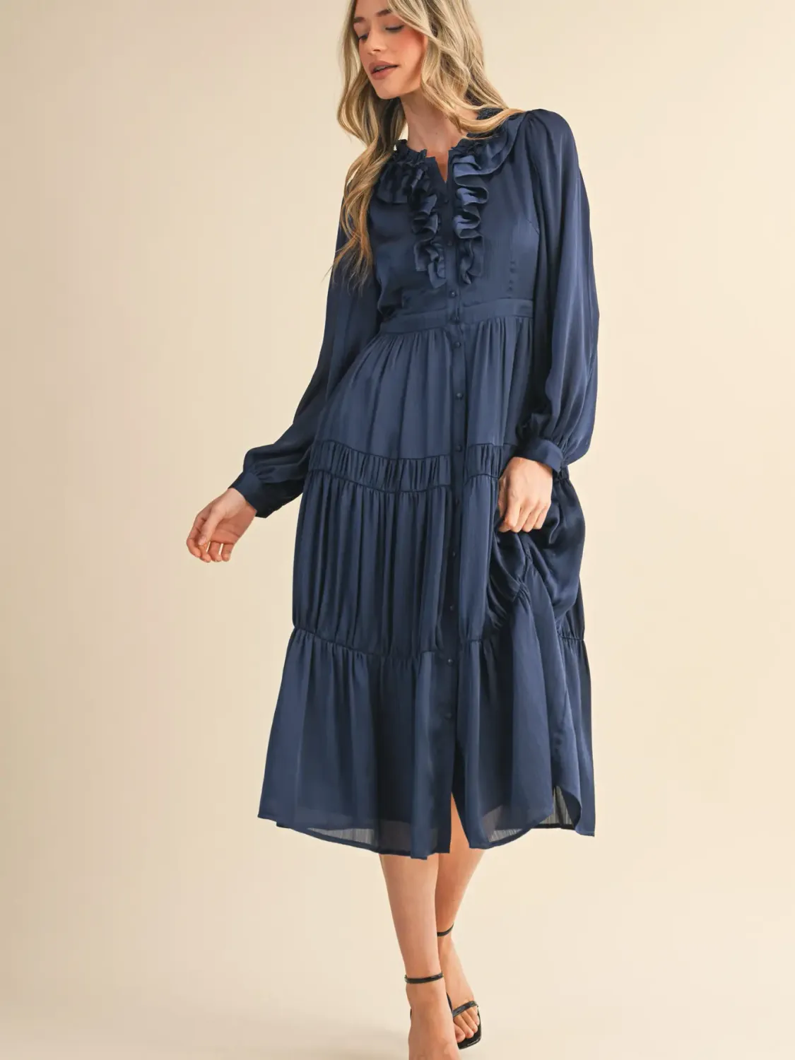 Dress - Ruffle Tiered Button Down - Midnight - Small