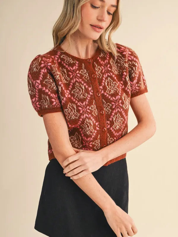 Top - Floral Short Sleeve Cardigan - Ginger Coral - Large