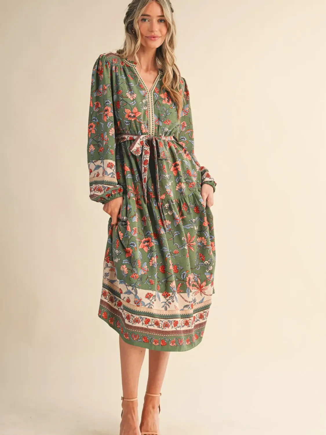 Dress - Floral Border Print Belted - Sage - Medium