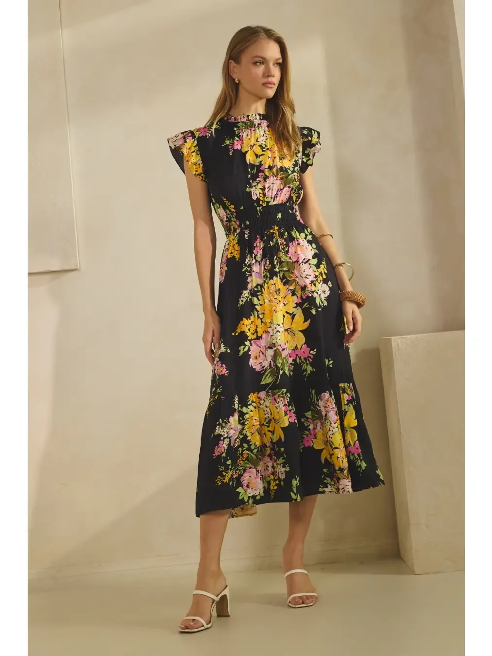 Dress - Flutter Sleeve - Black Floral - Large