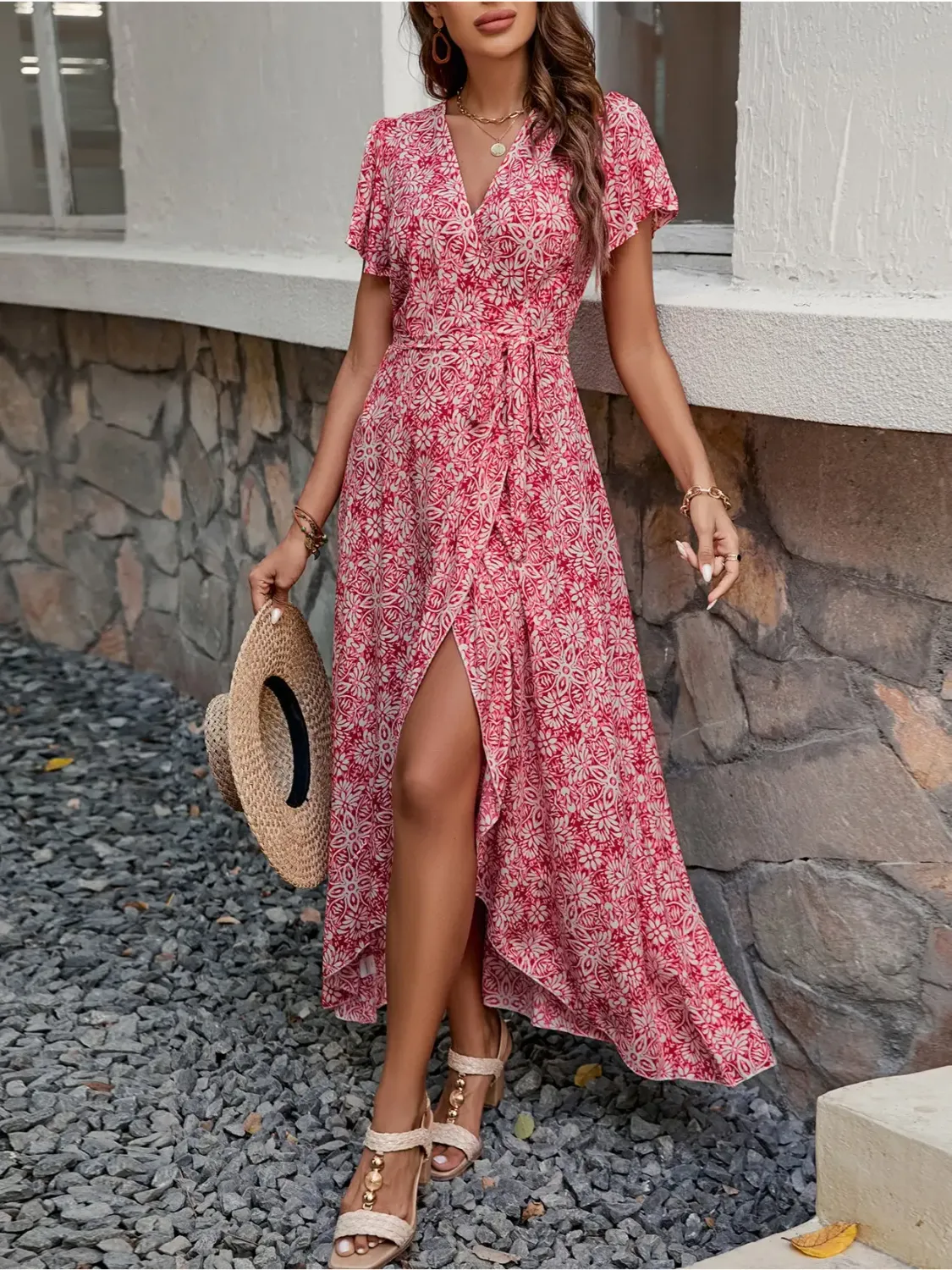 Dress - Floral Print Wrap - Red &amp; White - Large