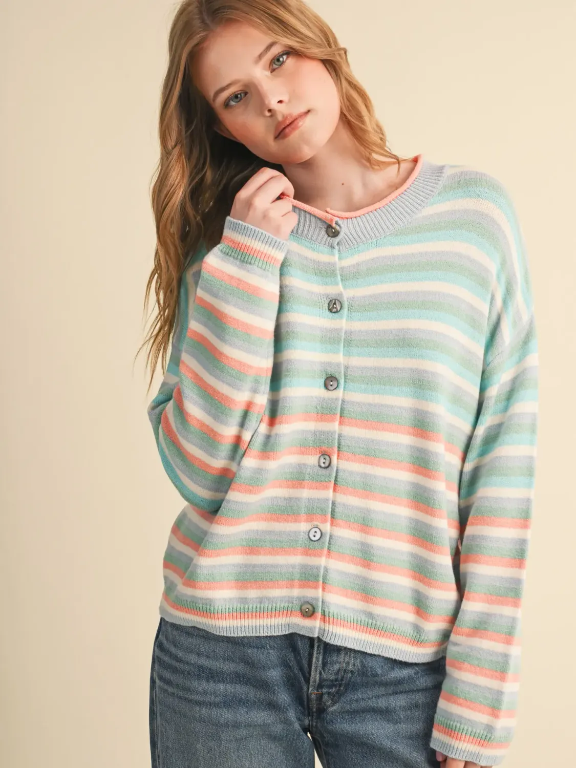 Top - Striped Cardigan - Green Taupe - Medium
