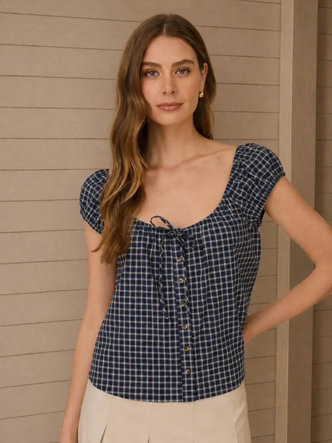 Top - Plaid Front Tie Button - Medium