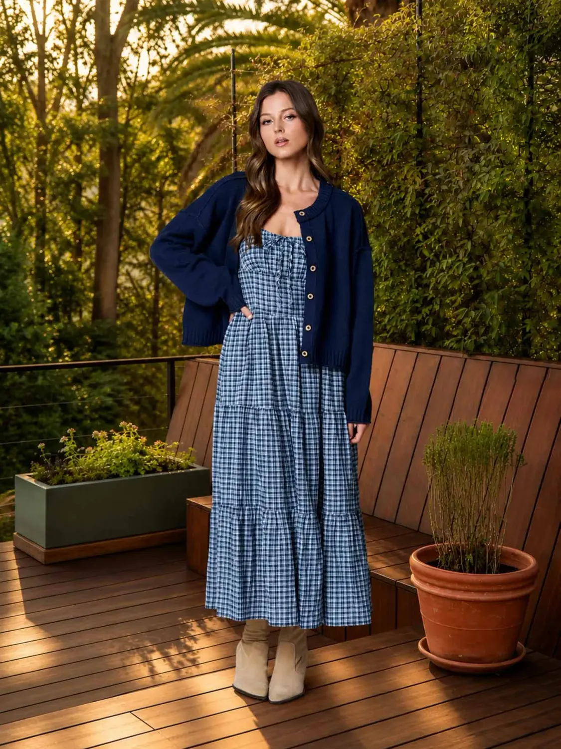 Dress - Plaid Front Tie Corset Midi - Navy - Medium