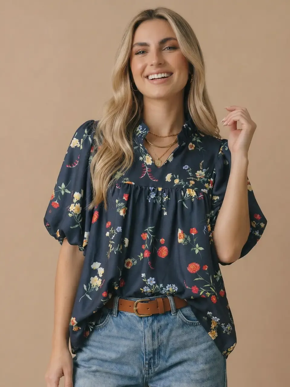 Top - Notch Neck - Floral Navy - Large