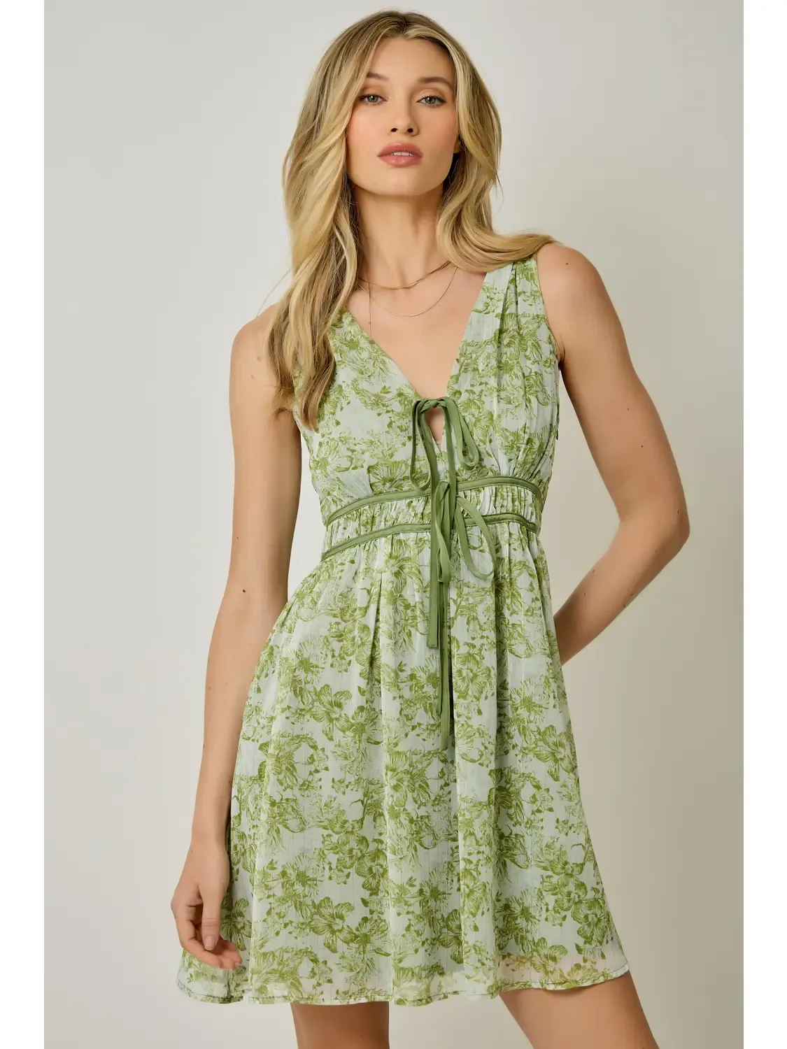 Dress - Floral Front Tie - Sage Green - Medium