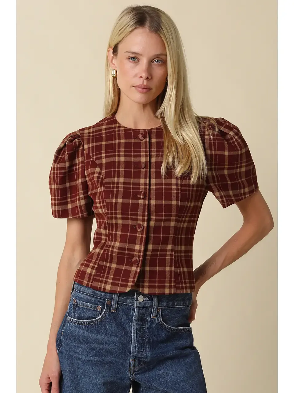 Top - Plaid Puff Sleeve - Burgundy Taupe - Medium