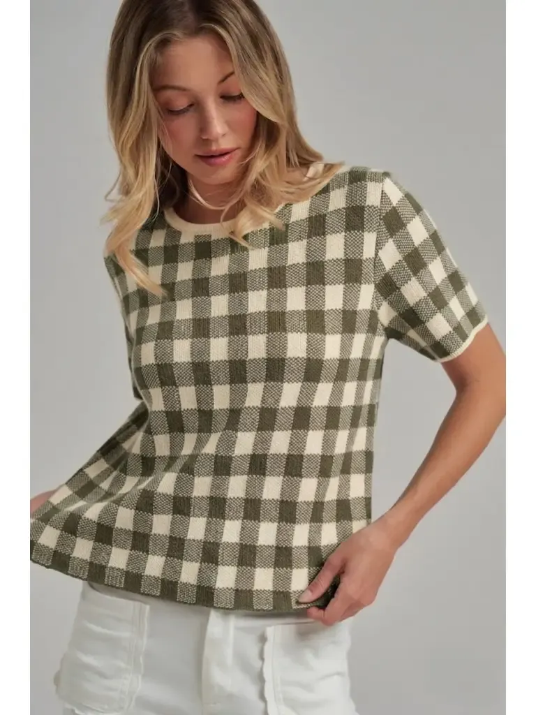 Sweater - Short Sleeve Gingham - Olive - Medium